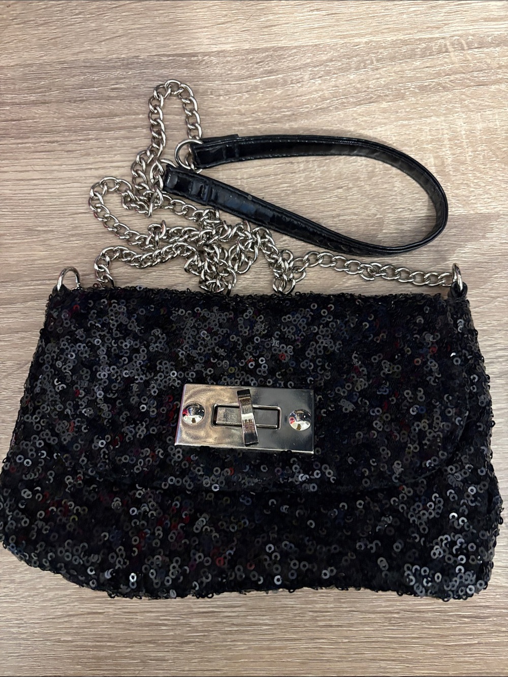 Forever 21 Black Sequin Crossbody Bag with Silver Chain